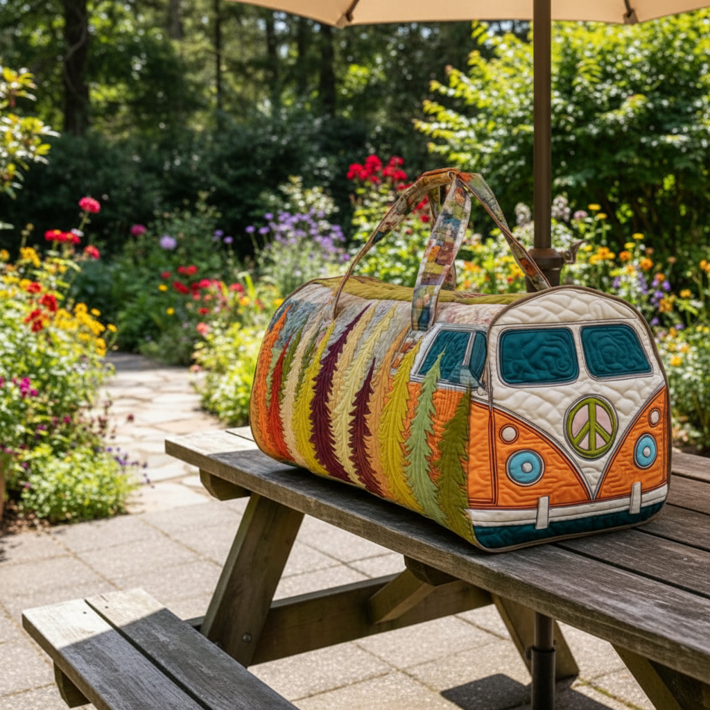 Autumn Camper Van Quilted Duffle Bag – Fall Leaves Boho Travel Weekender Tote, Cozy Outdoor Overnight Bag, Cute Vintage Duffel Gift for Women