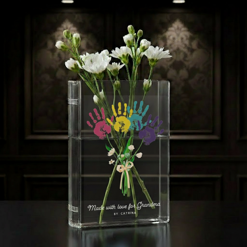 Personalized Grandma’s Garden Birth Month Flower Book Vase – Colorful Kid Handprint Design, Meaningful Mother’s Day Gift for Grandma from Grandkids