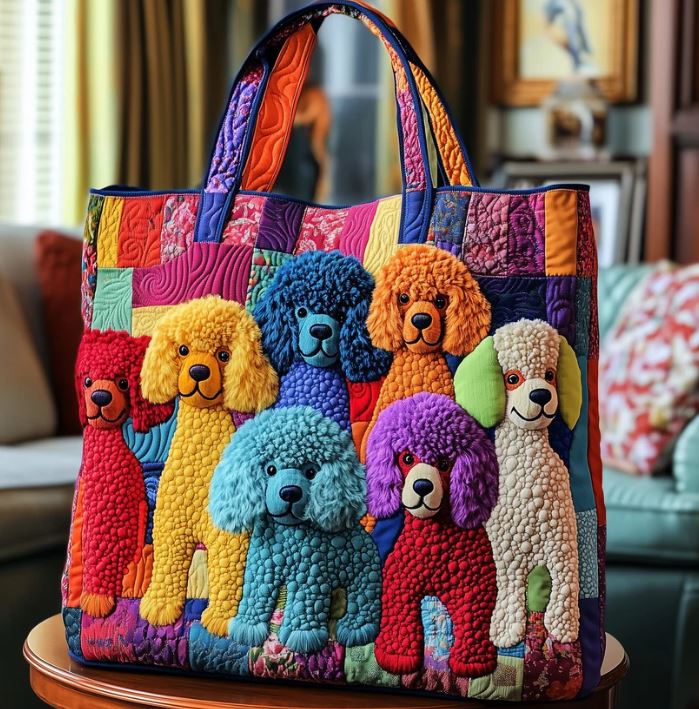 Colorful Poodle Quilted Tote Bag – Cute Dog Patchwork Shoulder Bag, Kawaii Puppy Market Tote, Pet Lover Gift for Women