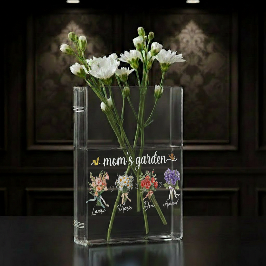 Personalized Acrylic Birth Flower Book Vase – Custom Plaque with Grandkids' Names, Perfect Gift for Mom's Garden