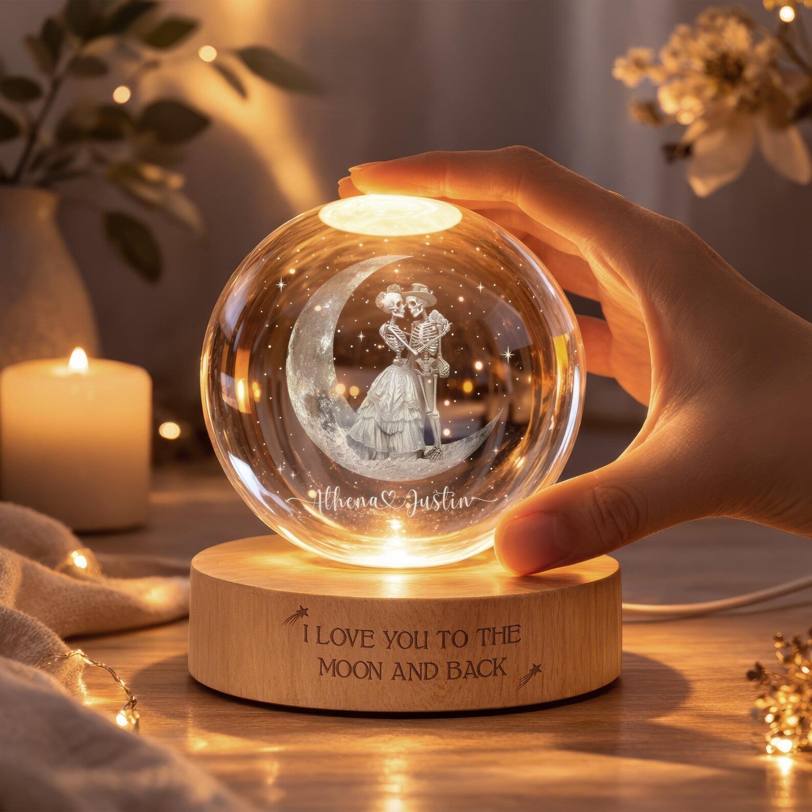 Custom Skeleton Couple Crystal Ball Night Light, Anniversary Gift, Engagement Gifts, Wedding Gift For Couples Gift, Wedding Anniversary Gift. LEDPETAL15