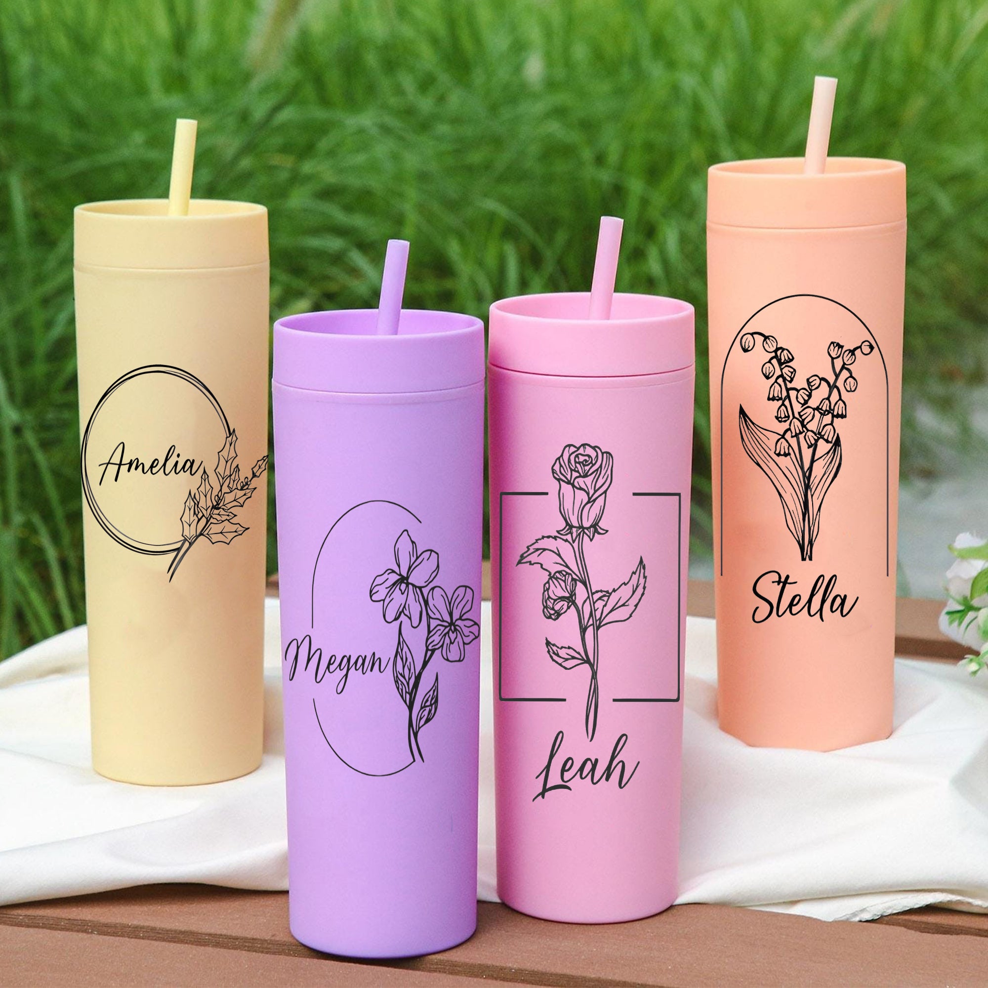 Personalized Monthly Bloom Skinny Tumbler With Name, Custom Name Cup With Straw, Hot Cold Skinny Travel Mug, Bridesmaid Gift, Birthday Gift For Her Mother