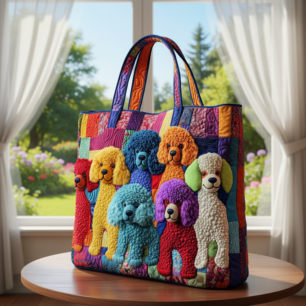 Colorful Poodle Quilted Tote Bag – Cute Dog Patchwork Shoulder Bag, Kawaii Puppy Market Tote, Pet Lover Gift for Women