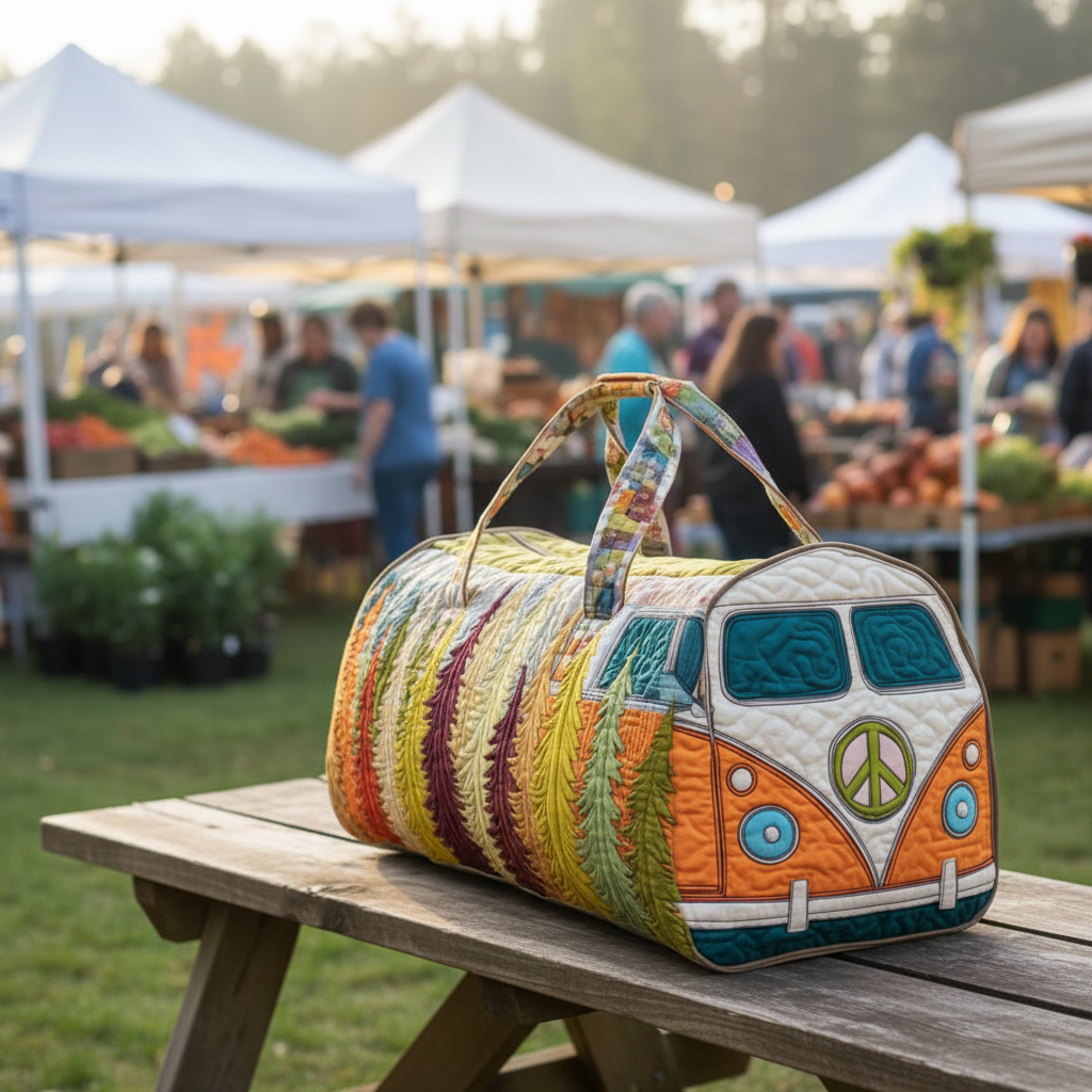 Autumn Camper Van Quilted Duffle Bag – Fall Leaves Boho Travel Weekender Tote, Cozy Outdoor Overnight Bag, Cute Vintage Duffel Gift for Women