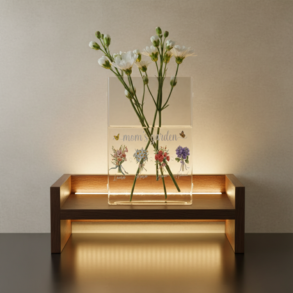 Personalized Acrylic Birth Flower Book Vase – Custom Plaque with Grandkids' Names, Perfect Gift for Mom's Garden