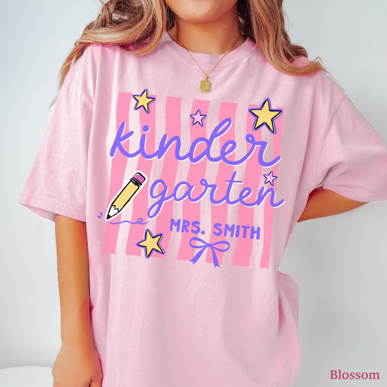 Custom Kindergarten Teacher Shirt, Comfort Colors® Kindergarten Tee, Retro Stripe Kindergarten Team Shirt, Back to School, Elementary Teach. SPETAL7