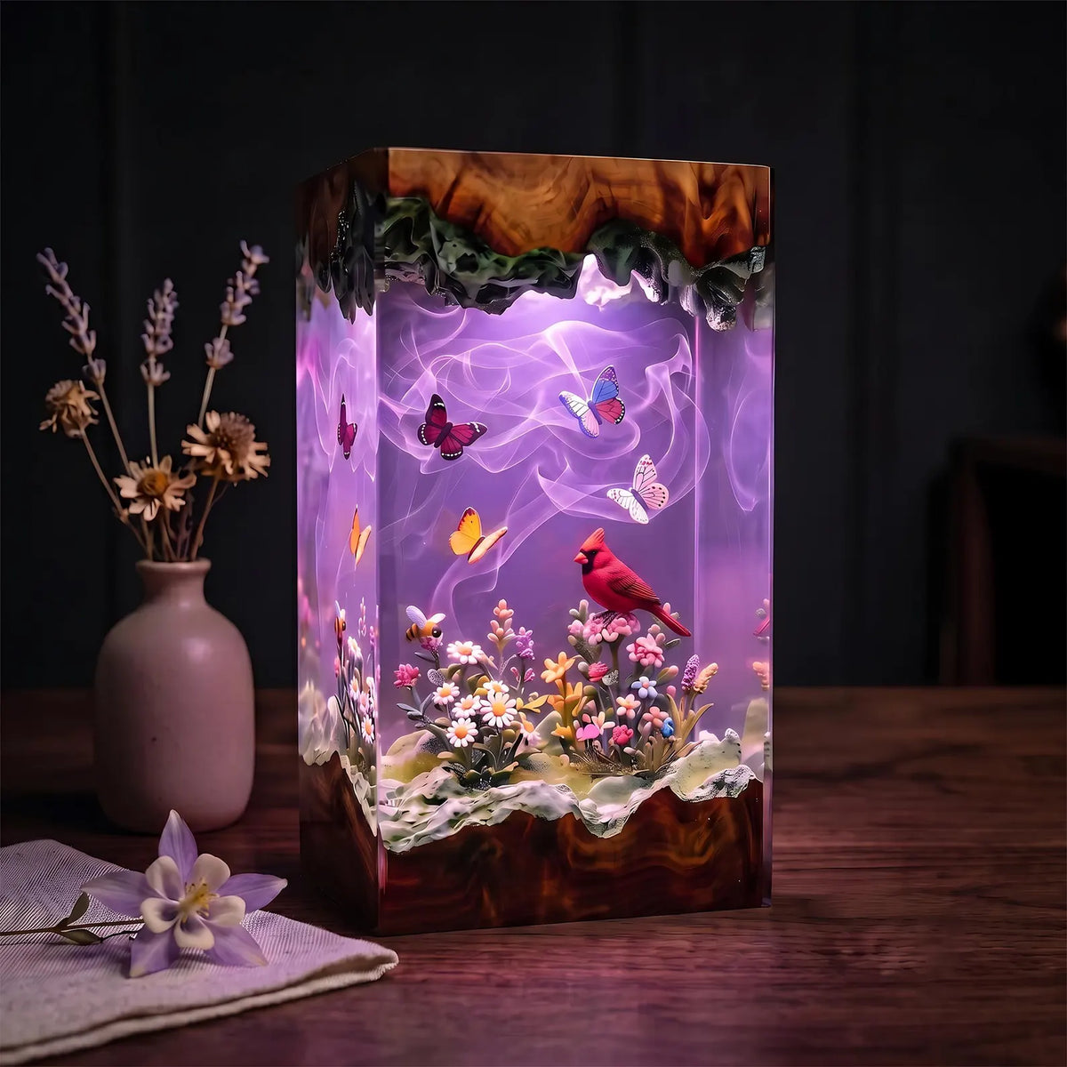Red Cardinal Memorial Resin Lamp, Heavenly Garden Scene, Butterfly and Floral Night Light, Handmade Epoxy Decor, Christmas Gift. RLPETAL14