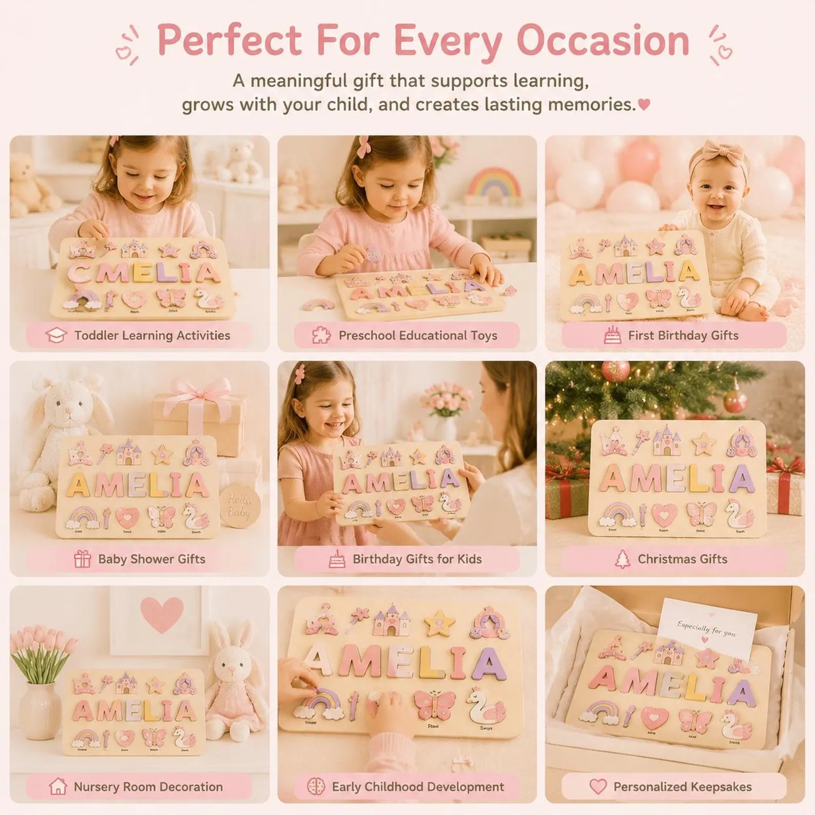 Personalized Flower Name Puzzle | Floral Wooden Name Puzzle | Custom Girl Name Puzzle | Montessori Toddler Gift. NPPETAL22