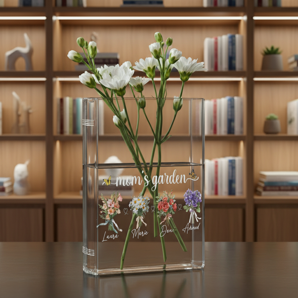 Personalized Acrylic Birth Flower Book Vase – Custom Plaque with Grandkids' Names, Perfect Gift for Mom's Garden