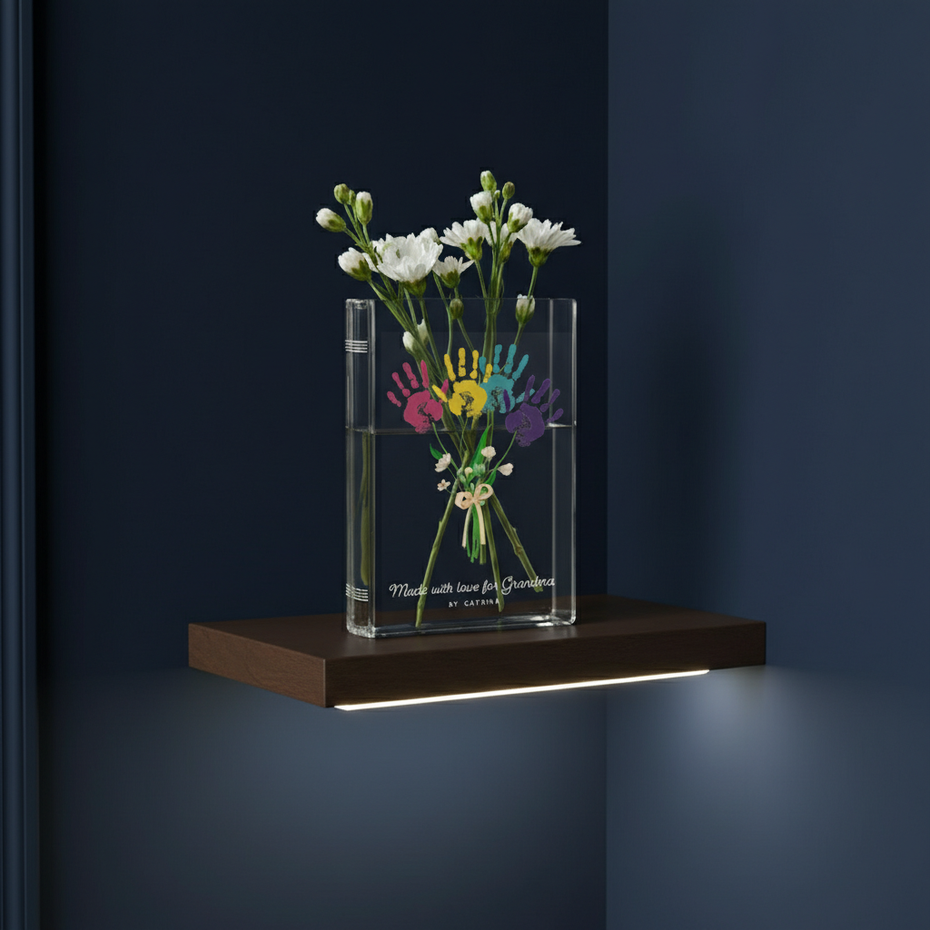 Personalized Grandma’s Garden Birth Month Flower Book Vase – Colorful Kid Handprint Design, Meaningful Mother’s Day Gift for Grandma from Grandkids