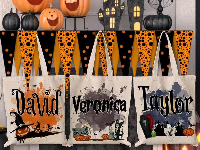 Personalized Halloween Tote Bag, Custom Name Trick or Treat Bag, Gothic Witch Pumpkin Candy Bag, Spooky Kids Halloween Gift Tote. HLWTBPETAL5