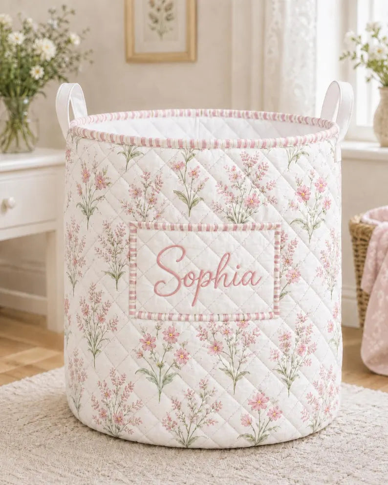Personalized Floral Laundry Basket, Custom Name Quilted Storage Bin, Pastel Flower Nursery Hamper, Clothes Basket. LBPETAL142