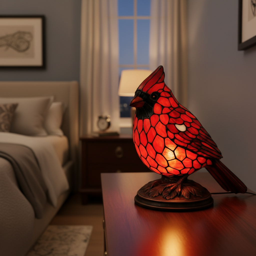 Colorful Cardinal Bird LED Night Light, Acrylic Plastic Bird Lamp, Soft Warm Glow Night Lamp for Bedroom or Living Room, Elegant Home Decor