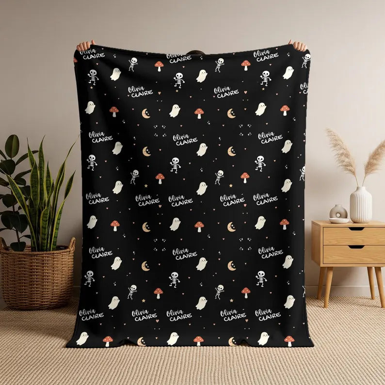 Personalized Halloween Baby Blanket | Custom Baby Name Blanket | Cute Ghost & Skeleton Baby Blanket Baby's First Halloween Gift for Newborn Baby Halloween. BLKPETAL7