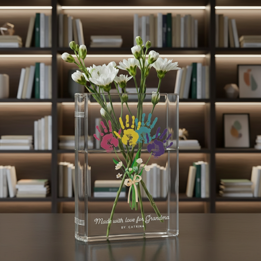 Personalized Grandma’s Garden Birth Month Flower Book Vase – Colorful Kid Handprint Design, Meaningful Mother’s Day Gift for Grandma from Grandkids