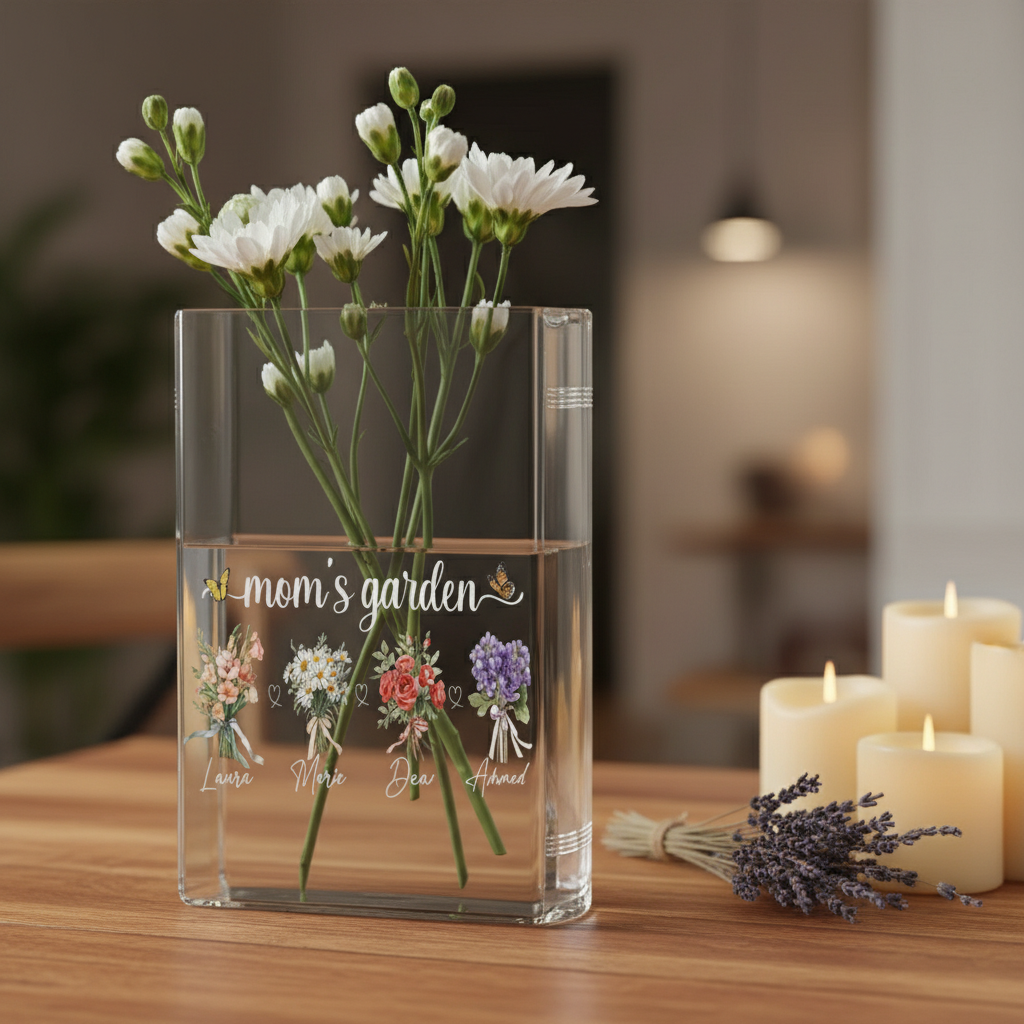Personalized Acrylic Birth Flower Book Vase – Custom Plaque with Grandkids' Names, Perfect Gift for Mom's Garden