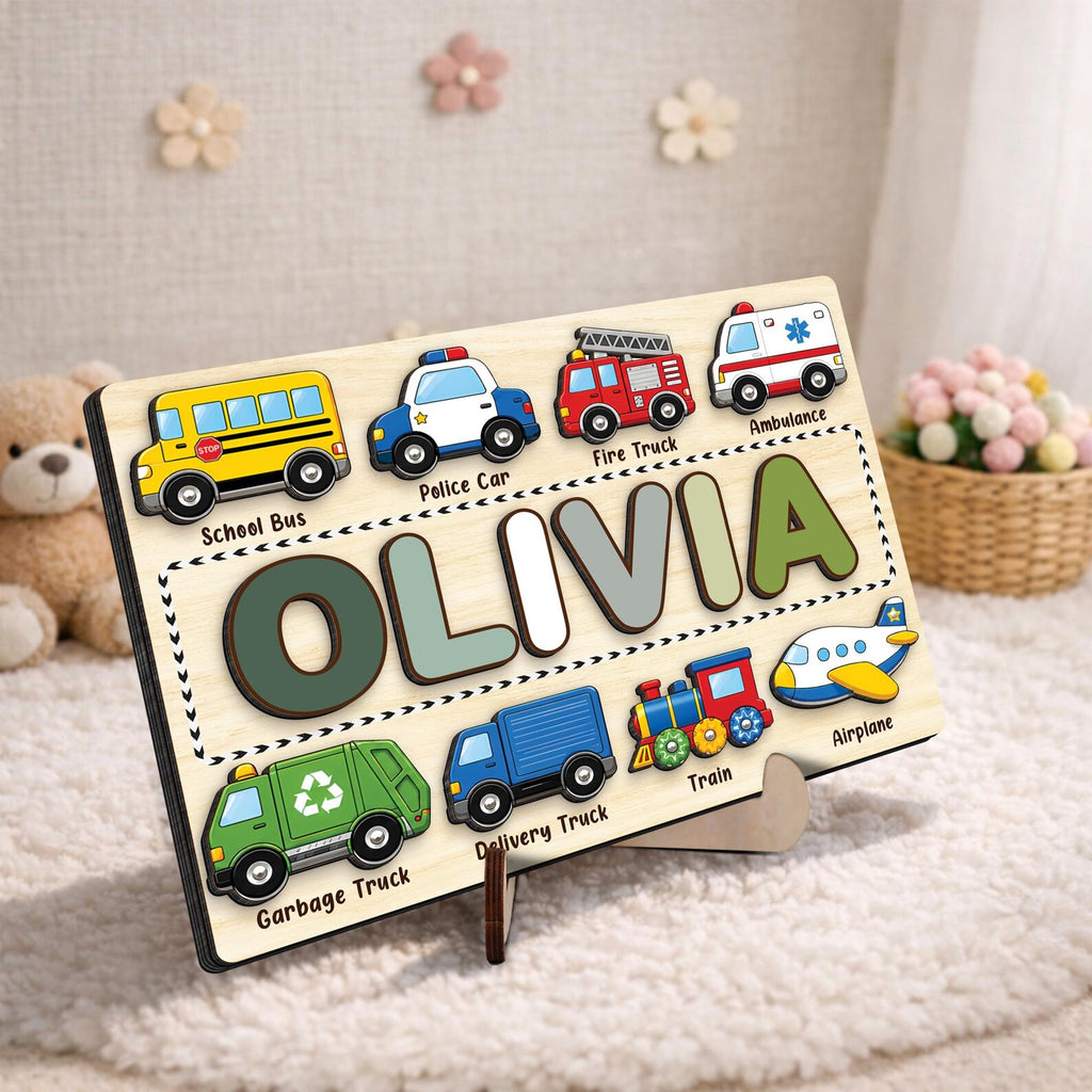 Custom Transportation Puzzle with Cars,Vehicle Name Puzzle Board,Montessori Toy for Baby Boys,Newborn Gift,Toddlers Gift,Baby Room Decor. NPPETAL20