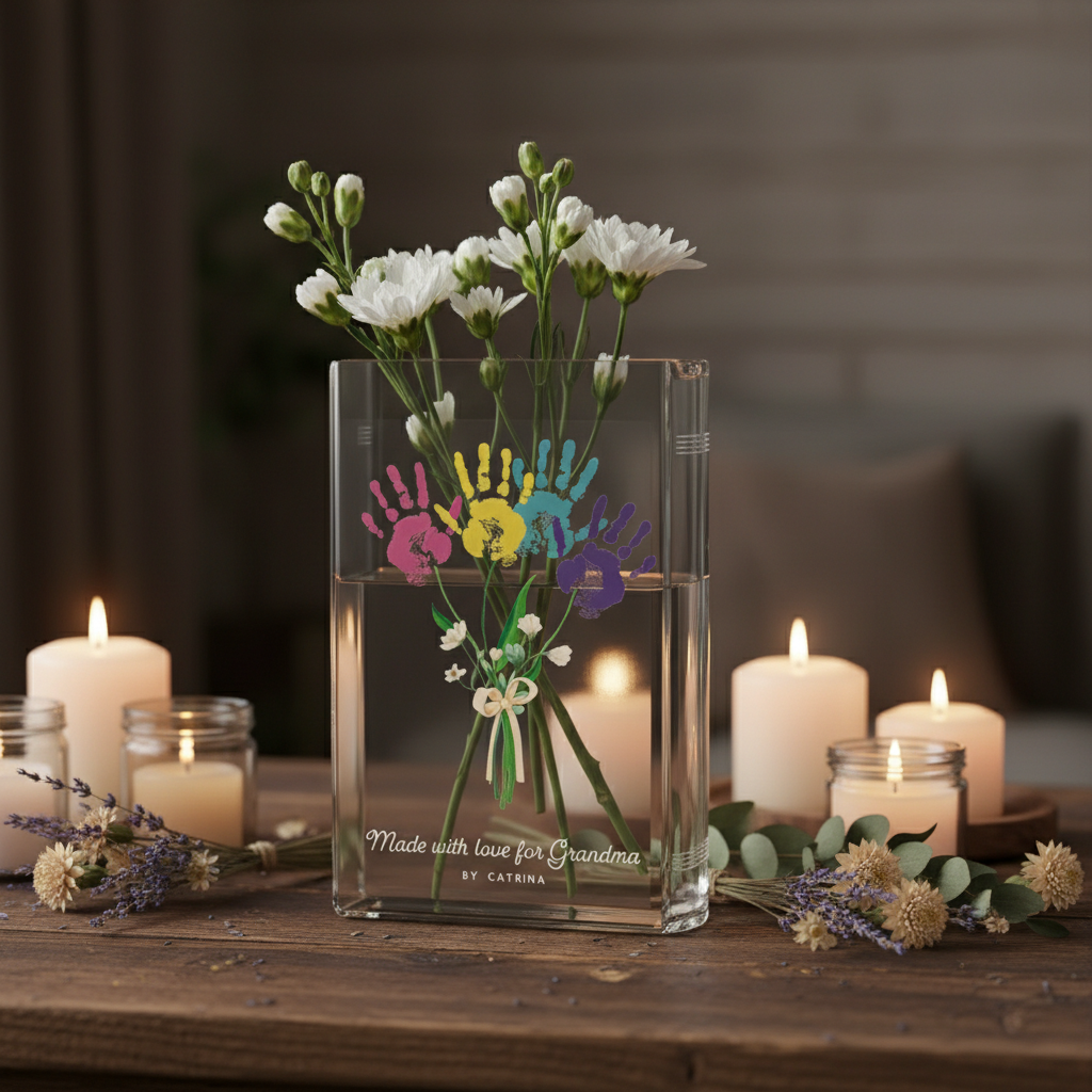 Personalized Grandma’s Garden Birth Month Flower Book Vase – Colorful Kid Handprint Design, Meaningful Mother’s Day Gift for Grandma from Grandkids
