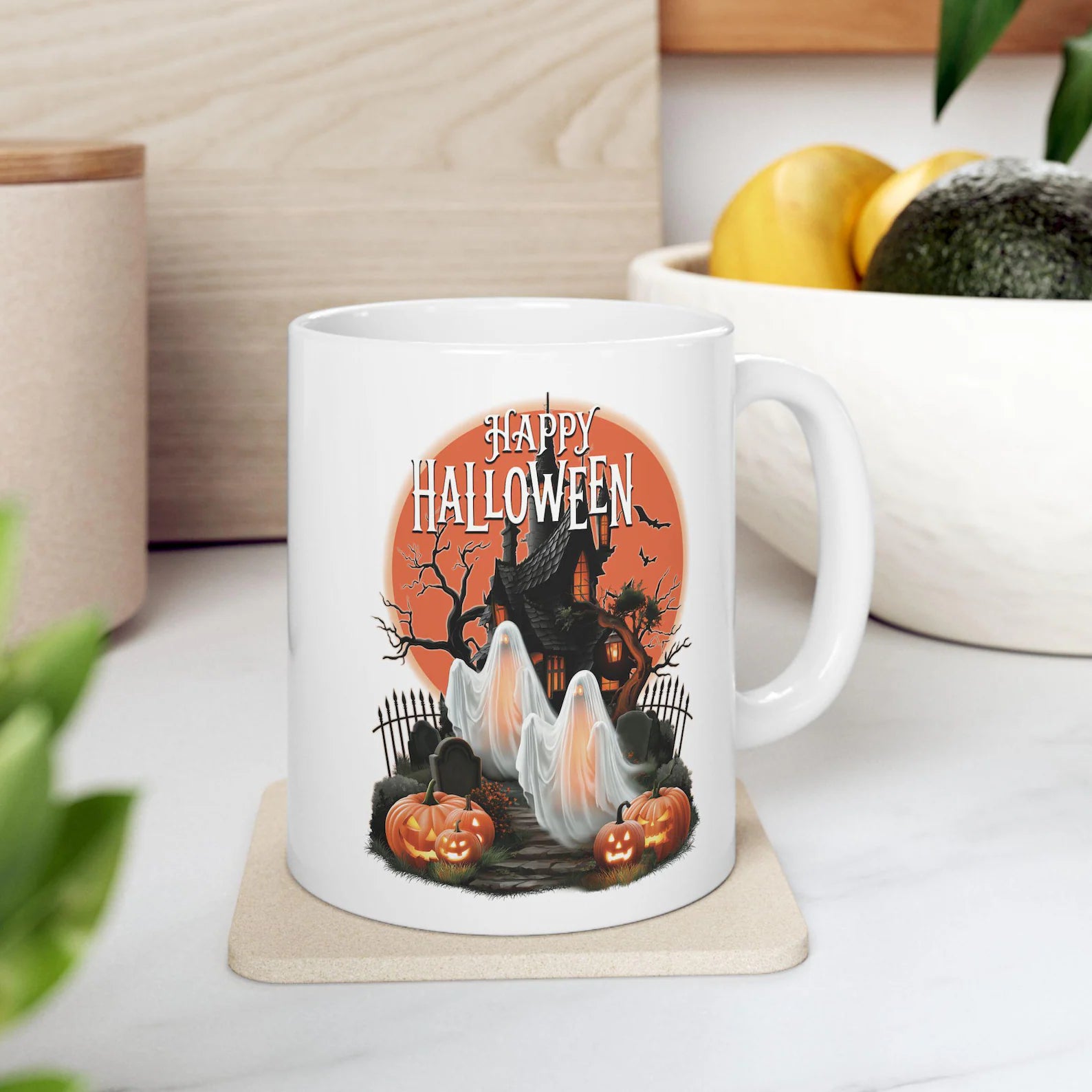 Happy Halloween Mug Spooky Ghosts Coffee Cup Gothic Haunted House Ceramic Mug Glowing Full Moon Autumn Fall Gift Holiday Keepsake Cup. MPETAL13