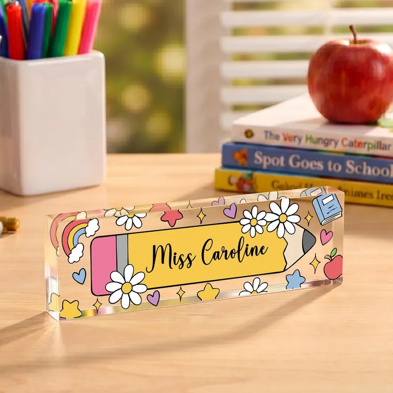 Personalized Teacher Desk Name Plate, Custom Teacher Pencil, Teacher Appreciation Gift, Classroom and Office Decor, Name Plate For Desk. DNPETAL05
