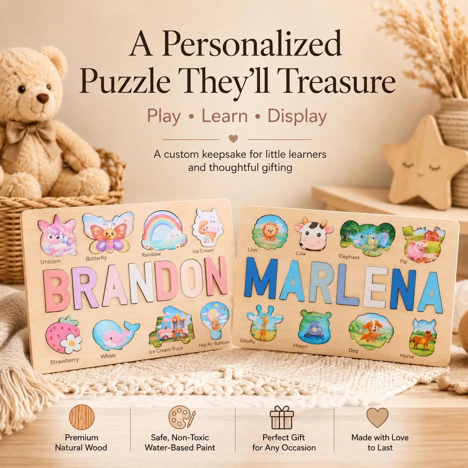 Personalized Wooden Name Puzzle | Custom Montessori Toy | Toddler Learning Toy | Baby Shower Gift | 1st Birthday Gift | Nursery Decor. NPPETAL15