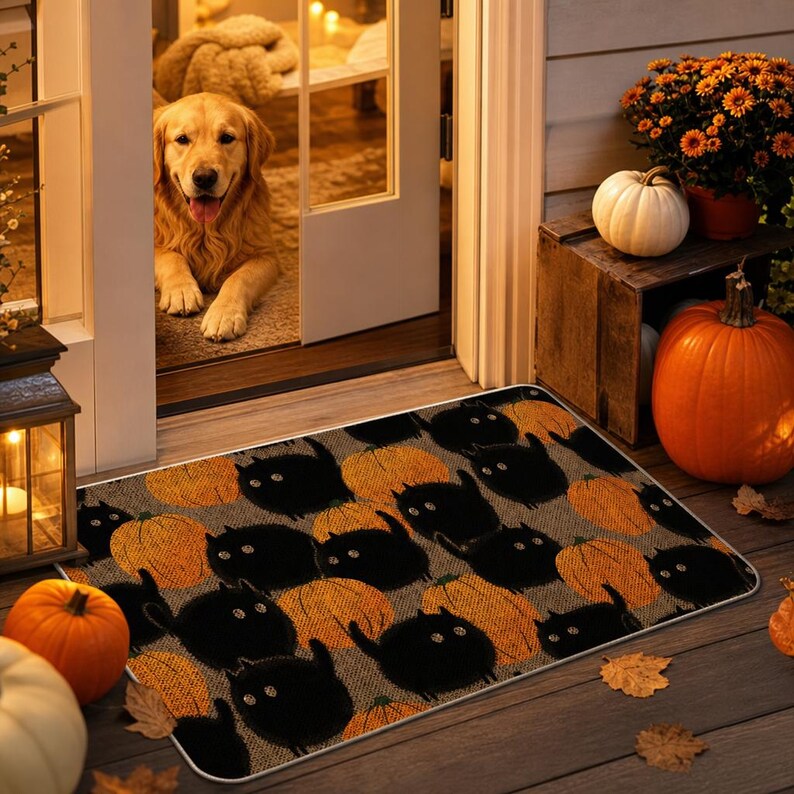 Halloween Doormat Black Cat Pumpkin, Spooky Welcome Mat, Witch Decor, Front Door Rug Gift. DMPETAL17