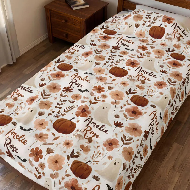 Personalized Boho Ghost Pumpkin Blanket Halloween Floral Velveteen Plush Fall Baby Shower Gift Autumn Room Decor. BLKPETAL5
