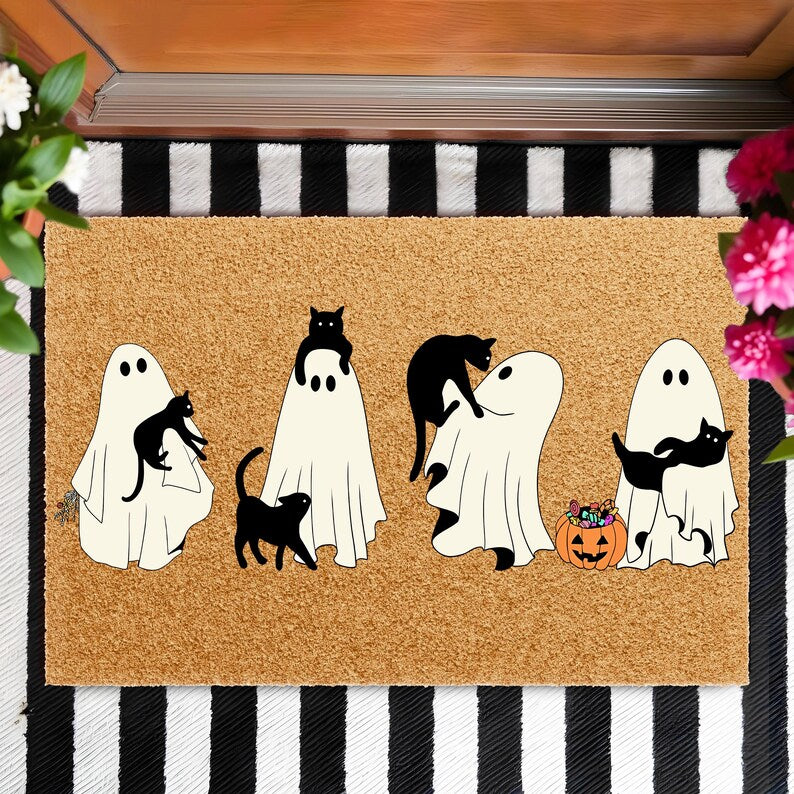 Ghost and Black Cat Doormat, Quirky Coir Entry Rug, Halloween Porch Mat. Halloween Doormat Baby Boo Decor Outdoor. DMPETAL2