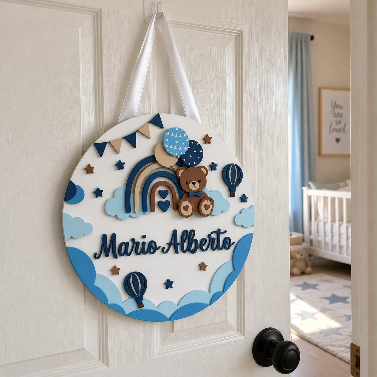 Personalized Teddy Bear Rainbow Wooden Sign, Custom Boy Name Door Hanger, Blue Nursery Decor, Baby Room Wall Sign WOODKID06