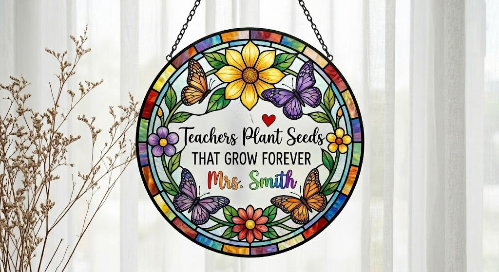 Personalized Teacher Stained Glass Suncatcher, Teacher Appreciation Gift, Back To School Gift, Teacher Gift, Windown Hanging Classroom Decor. SUNPETAL19