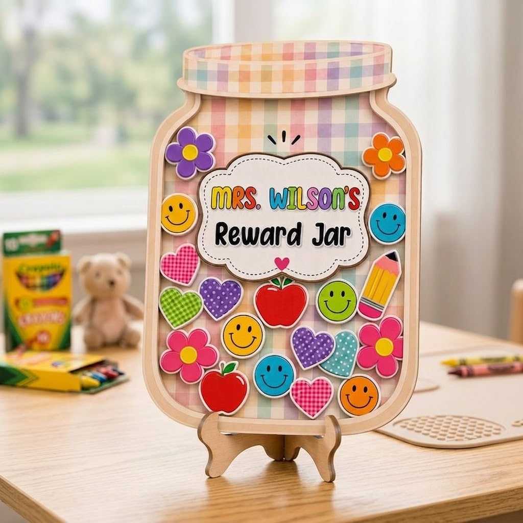 Custom Teacher Reward Jar Personalized Classroom Management Tool Cute Wooden Star Jar. RJPETAL10