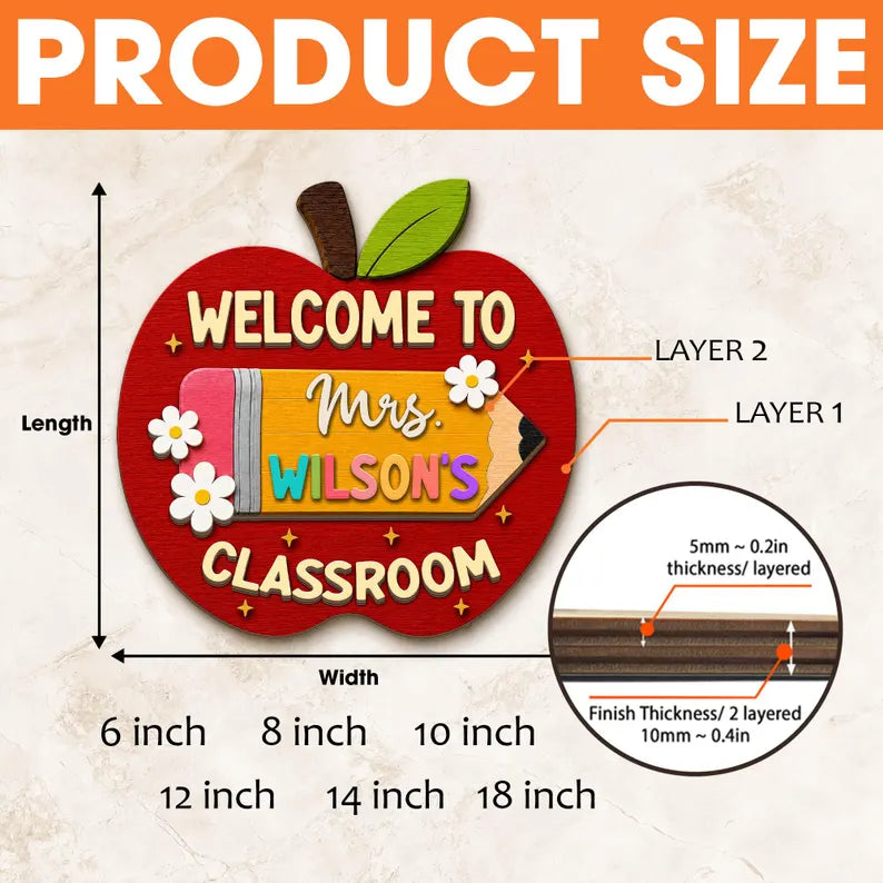 Personalized Apple Teacher Name Door Sign, Custom Welcome Door Hanger, Back to School 3D Wooden Classroom Decor, Teacher Appreciation Gifts. DHPETAL08