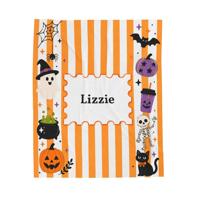 Personalized Halloween Stripe Plush Blanket For Kid, Cute Ghost Pumpkin Cat Bat Skeleton Blanket, Halloween Name Blanket, Kid Halloween Gift. BLKPETAL2