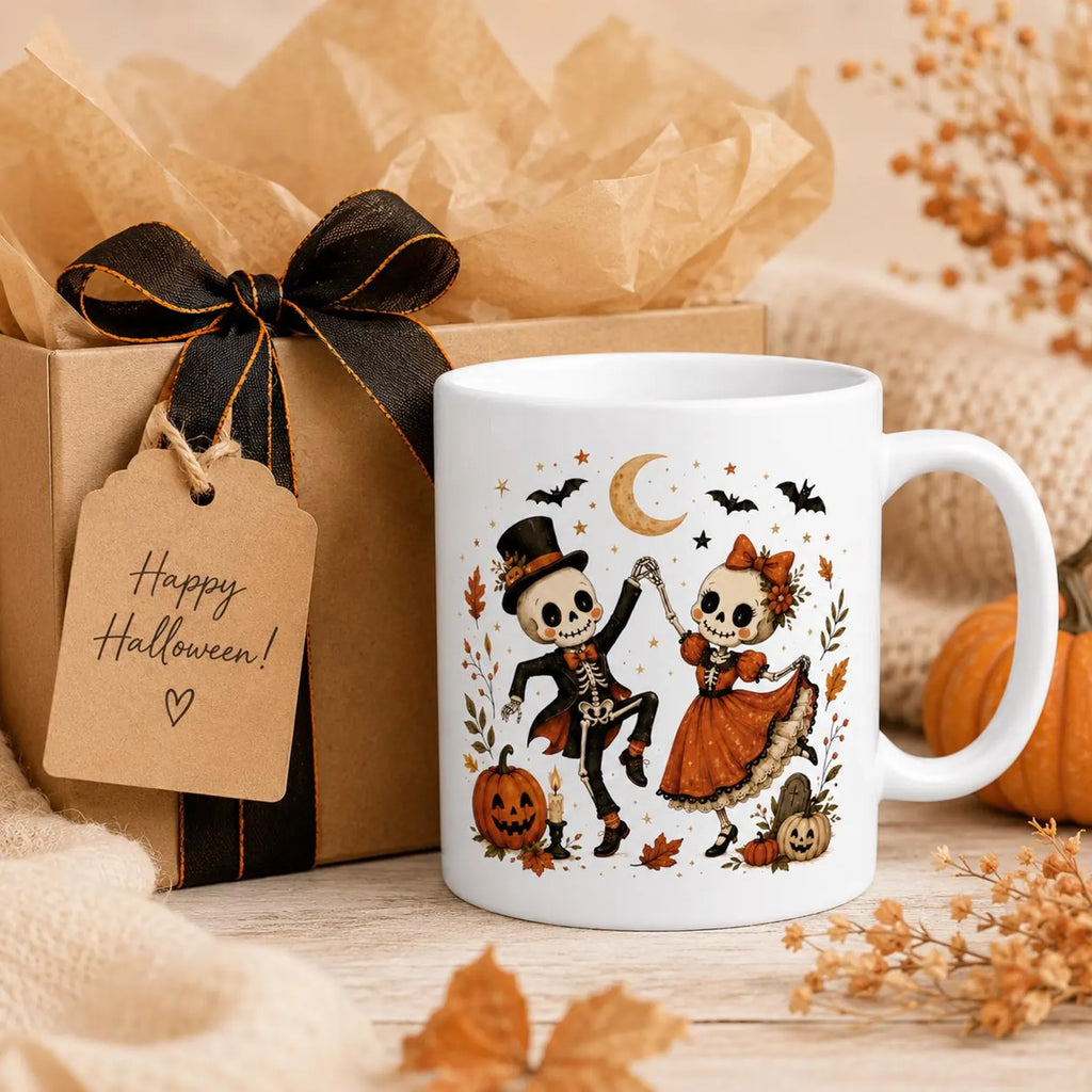 Halloween Skeleton Couple Mug, Dancing Skeletons Coffee Mug, Vintage Halloween Mug, Cute Skeleton Gift, Fall Halloween Coffee Mug. MPETAL1