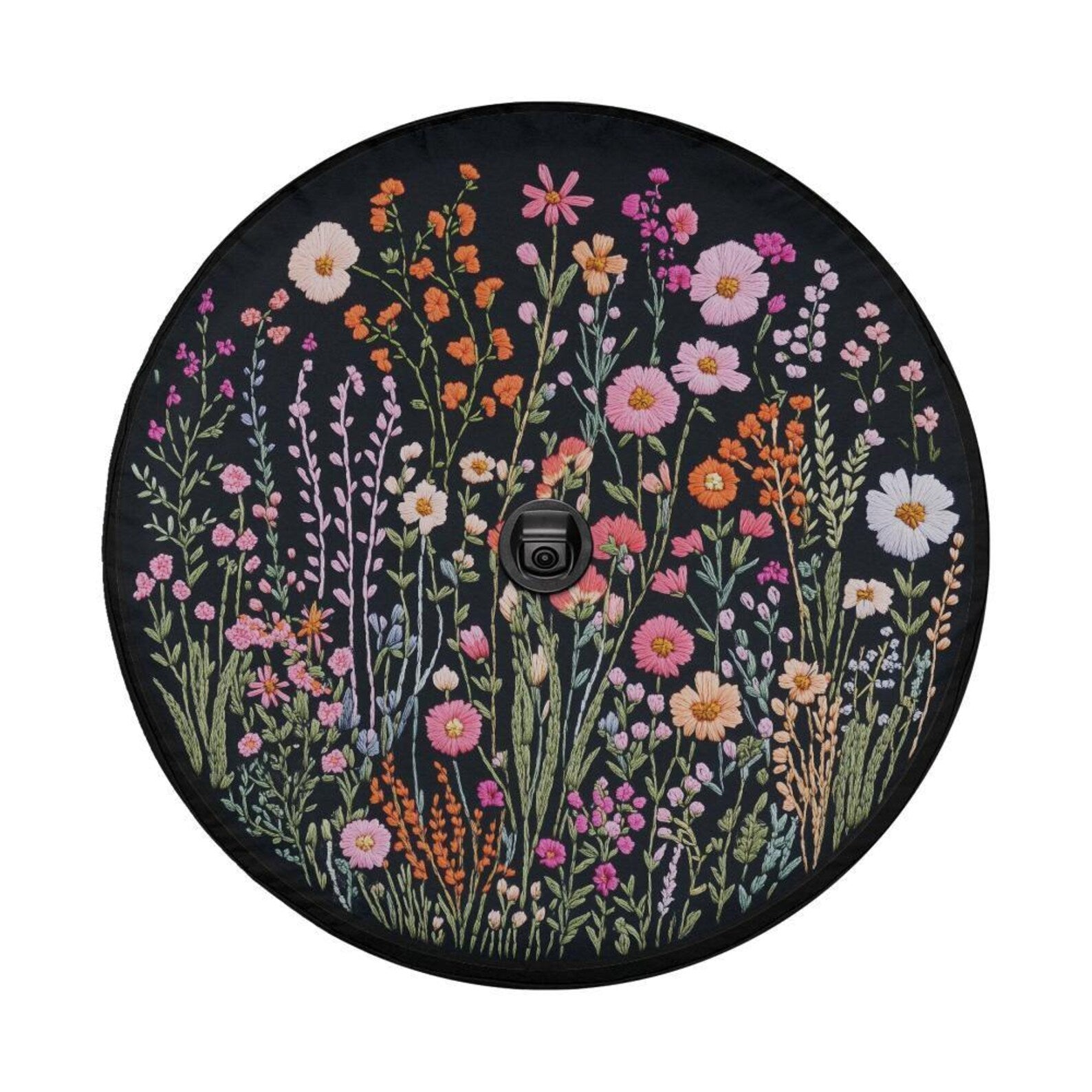 Wild Flowers Spare Tire Cover, Faux Embroidery Pastel Printed Grassy Botanicals Floral Wheel Unique Backup Camera Hole Trailer Back Women RV. TCPETAL10