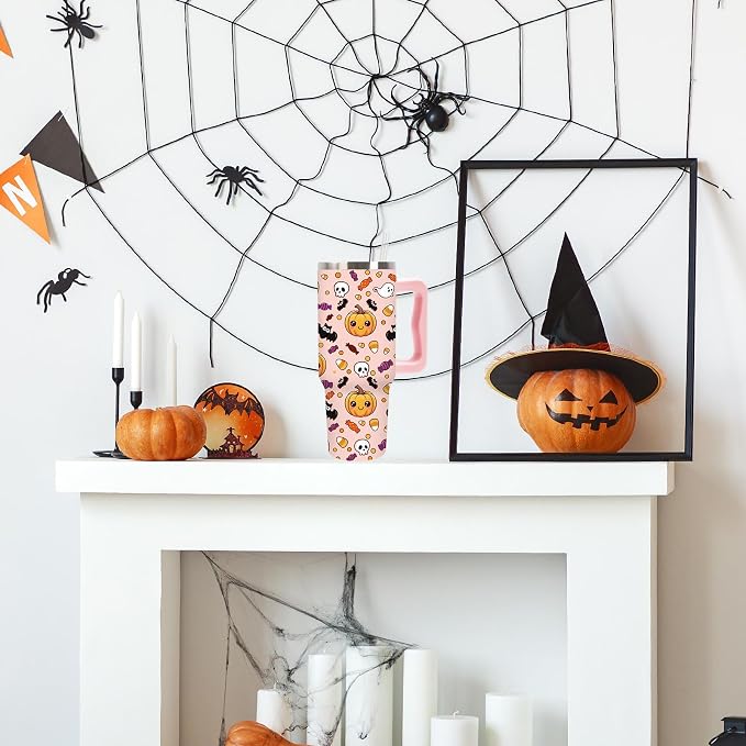 Whaline Halloween Tumbler 40oz Cute Pumpkin Skull Candy Corn Bat Tumbler with Lid Straw Pink Cartoon Stainless Steel Cup with Handle for Home Office Travel. TBLPETAL12