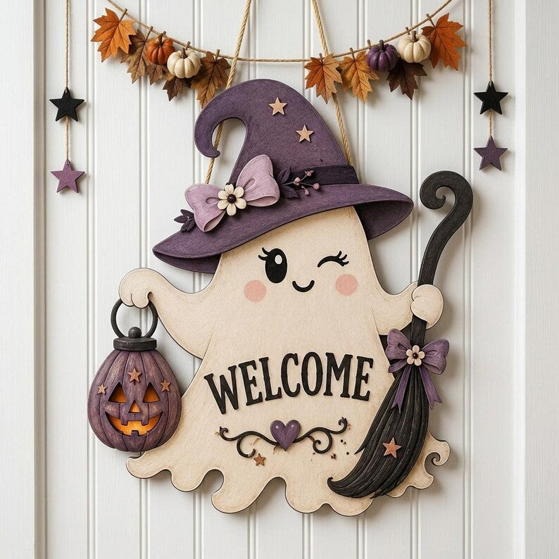 Cute Ghost Welcome Door Hanger, Halloween Wooden Door Sign, Spooky Ghost Decor with Witch Hat, Front Porch Halloween Decoration. HLWDHPETAL15