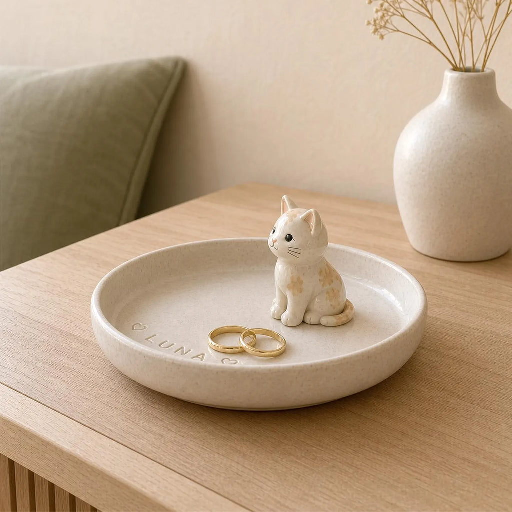 Personalized Ceramic Pet Ring Dish, Hand-Carved Dog Jewelry Tray, Pet Memorial Gift. CPPETAL01