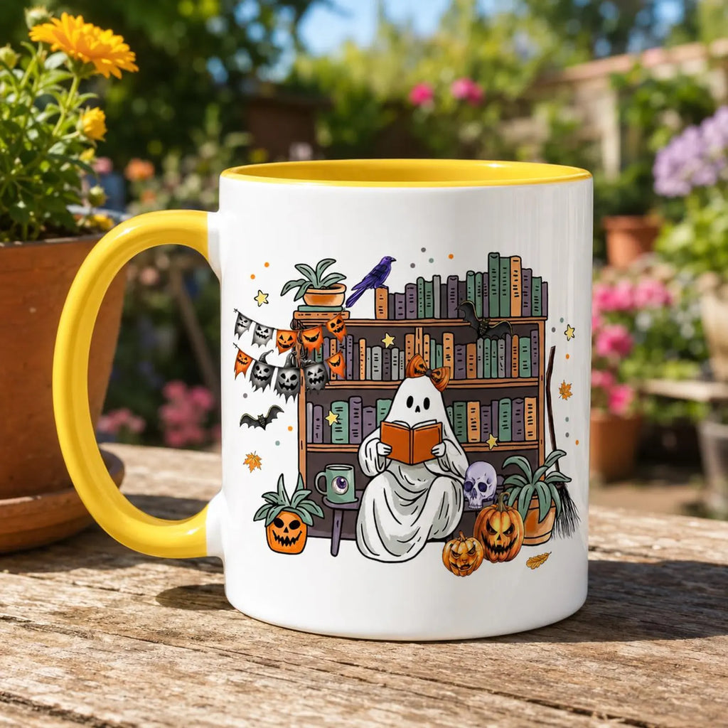 Cute Ghost Reading Book Mug, Spooky Bookshelf Ceramic Cup, Halloween Book Lover Gift For Librarian, Fall Autumn Bookish Cozy Reading Present. MPETAL15