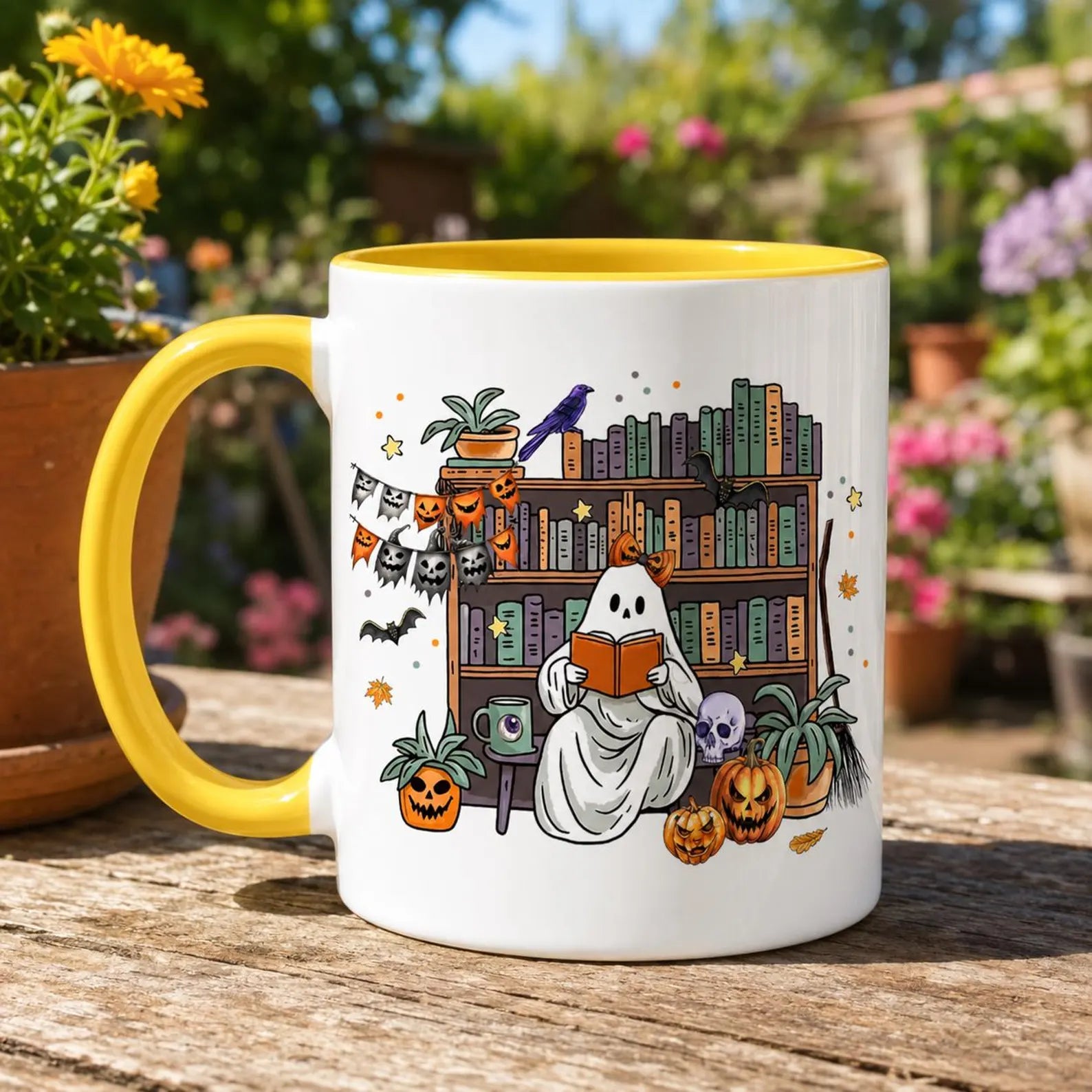 Cute Ghost Reading Book Mug, Spooky Bookshelf Ceramic Cup, Halloween Book Lover Gift For Librarian, Fall Autumn Bookish Cozy Reading Present. MPETAL15
