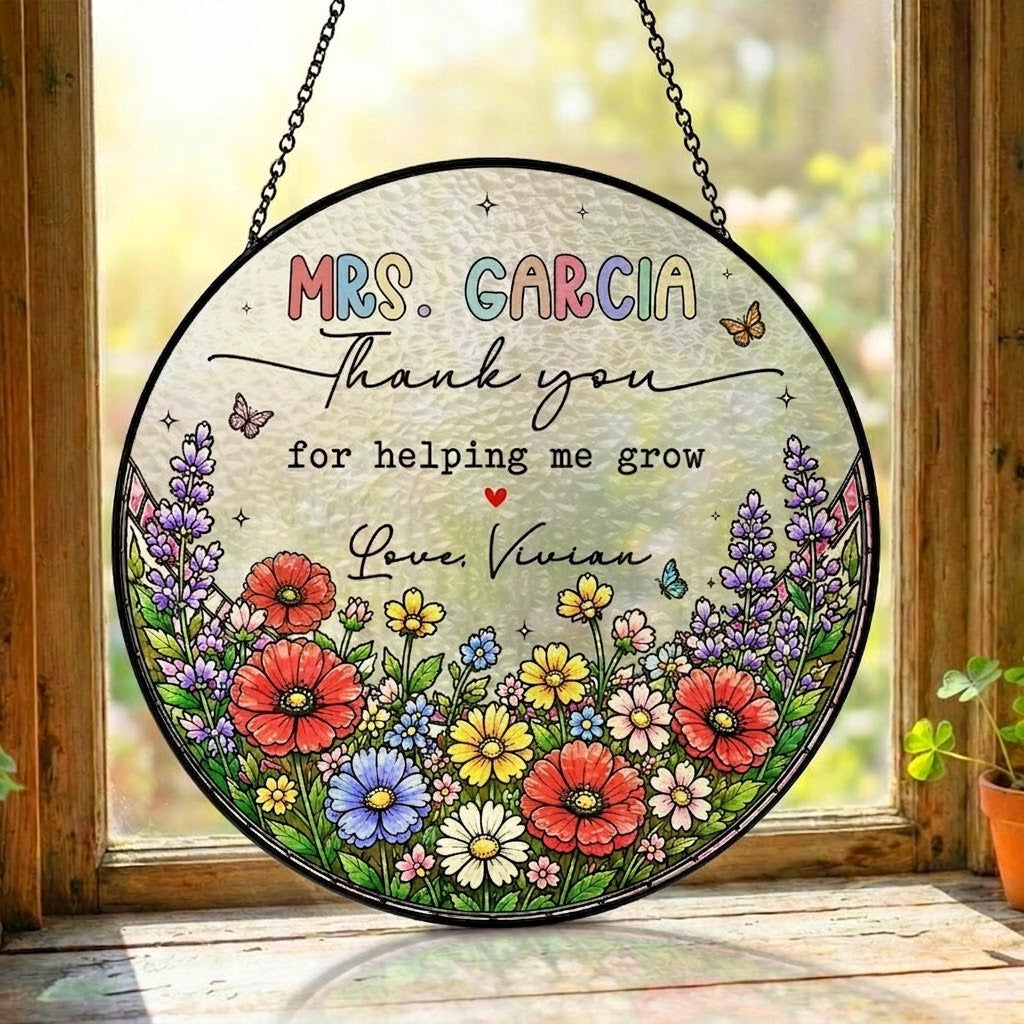 Thank You Gift For Teacher, Custom Teacher Stained Glass Suncatcher, Teacher Appreciation Gift, Thank You Teacher Gift, First day of school Gift. SUNPETAL09