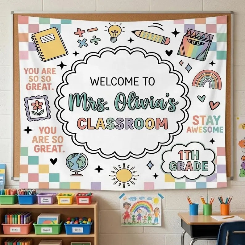 Personalized Teacher Classroom Banner: Welcome Classroom Sign, Back To School Decor,personalized teacher banner. Classroom Banner Custom Name. CBPETAL13