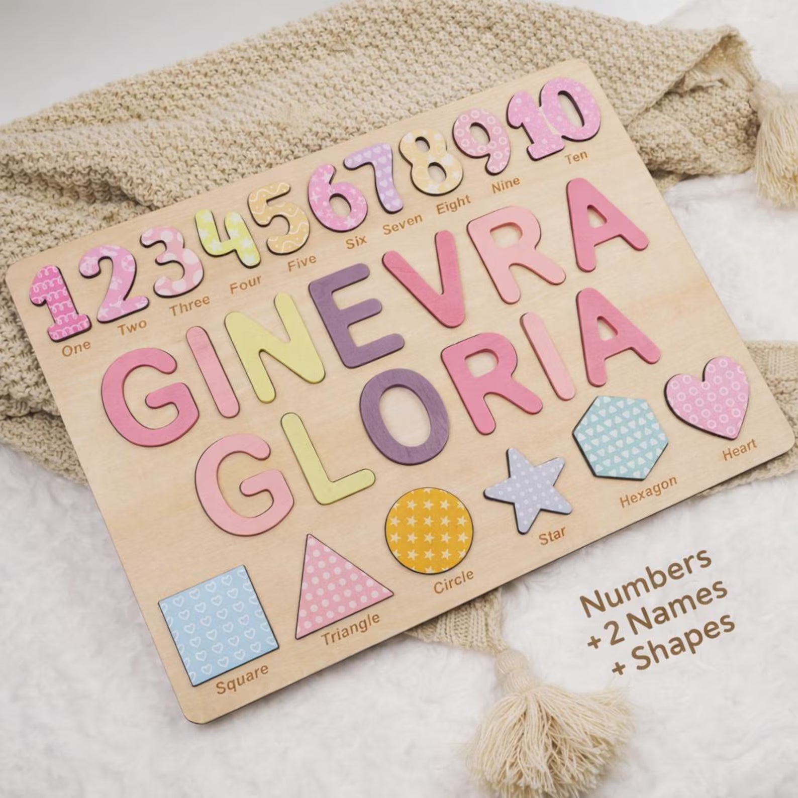 Personalized Wooden Name Puzzle Gift for Boys & Girls, Custom Baby Gifts Name Puzzle with Numbers, Geometry Shapes, Back Engraving. NPPETAL1