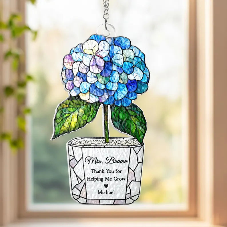 Personalized Sunflower Teacher Stained Glass Suncatcher: Thank You For Helping Me Grow, Teacher Appreciation Gift. SUNPETAL16