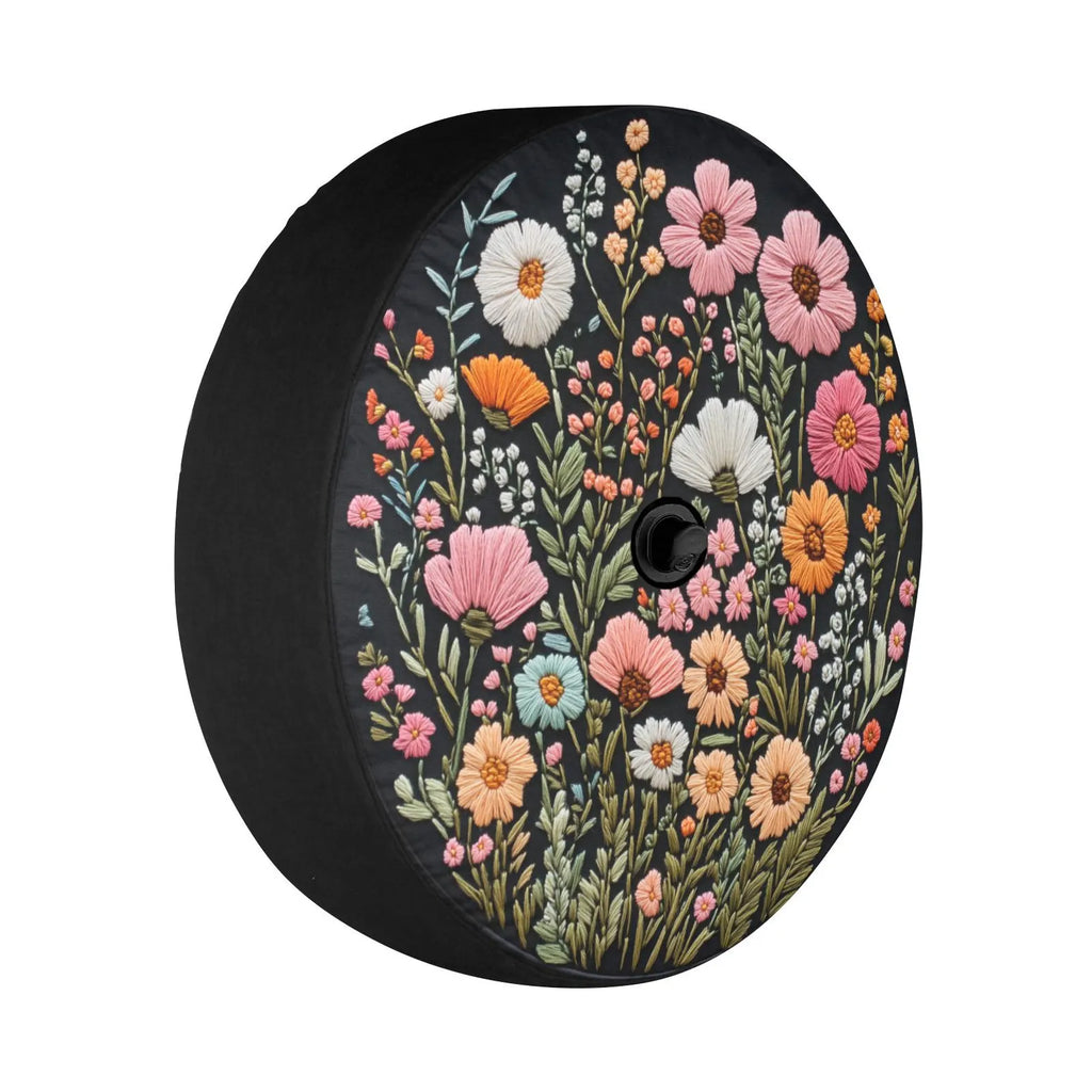 Pink Wild Flowers PVC Leather Spare Tire Cover, Faux Embroidery Printed Grassy Botanicals Floral Wheel Unique Backup Camera Hole Trailer Back Women RV. TCPETAL9