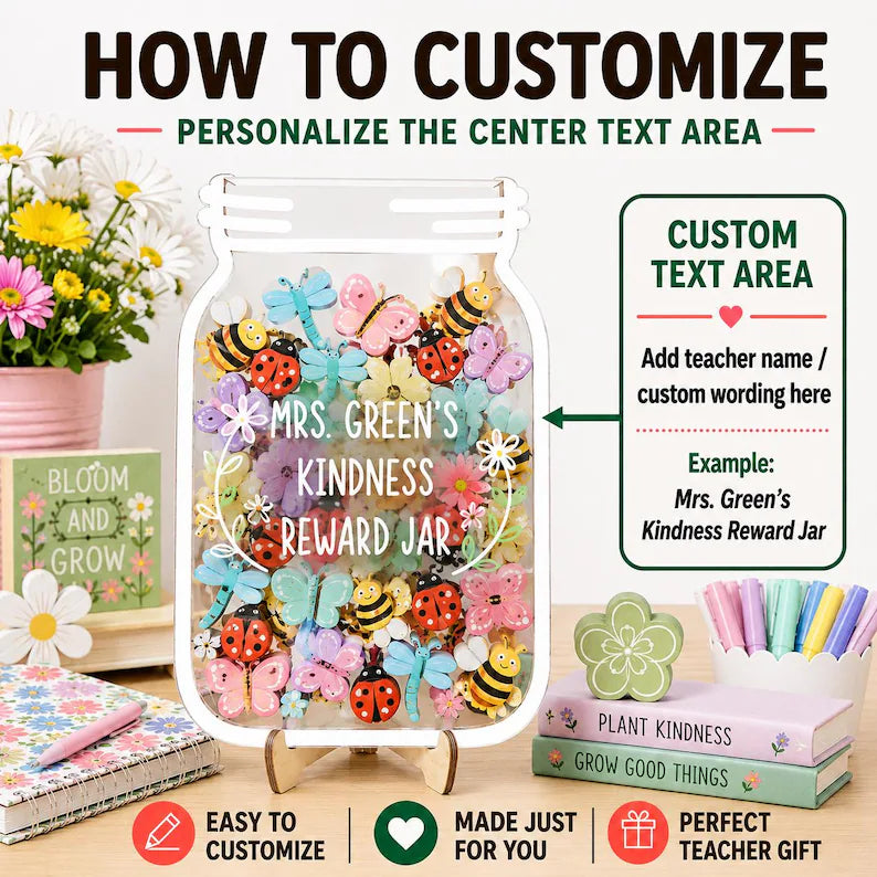 Personalized Kindness Reward Jar, Wooden Garden Theme Classroom Incentive, Custom Insect Token Board for Kids, Back to School Gift. RJPETAL02