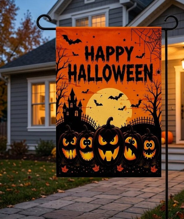 Happy Halloween Garden Flag, Spooky Pumpkin Yard Flag, Jack O Lantern Fall Porch Decor, Haunted House Outdoor Flag, Halloween Party Gift. HLWGFPETAL13