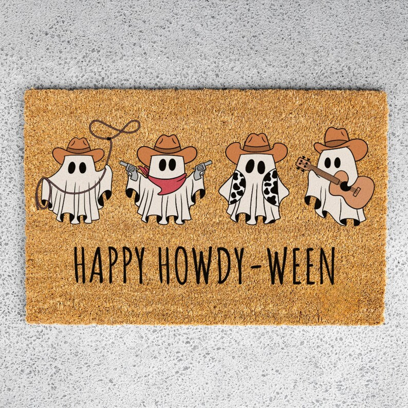 Halloween Cowboy Ghost Doormat, Happy Howdy-Ween Doormat, Fun Decorative Welcome Mat for Spooky Season, Cowboy Ghost Themed Home Decor. DMPETAL21