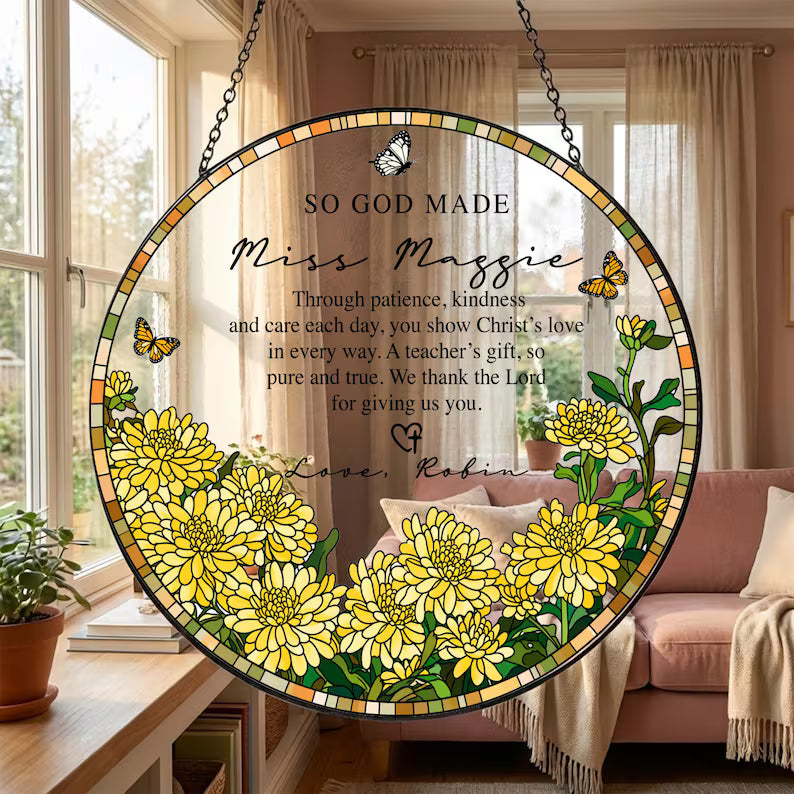 Custom Name Teacher Stained Glass Suncatcher, Personalized Thank You Teacher Gift, Christian Mentor Appreciation Window Hanging Keepsake. SUNPETAL01
