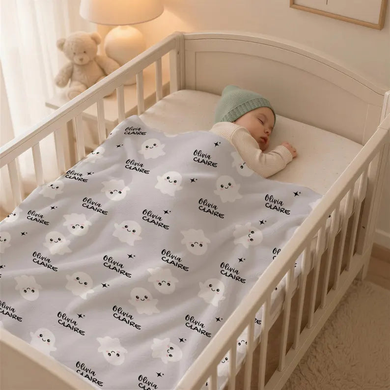 Personalized Ghost Baby Blanket | Custom Baby Name Halloween Blanket | Cute Ghost Nursery Blanket | Baby's First Halloween Gift for Newborn. BLKPETAL8